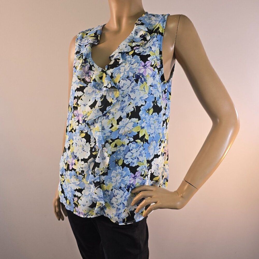 Vince Camuto Ruffle V-Neck Sleeveless Blouse Sea Breeze Size Medium